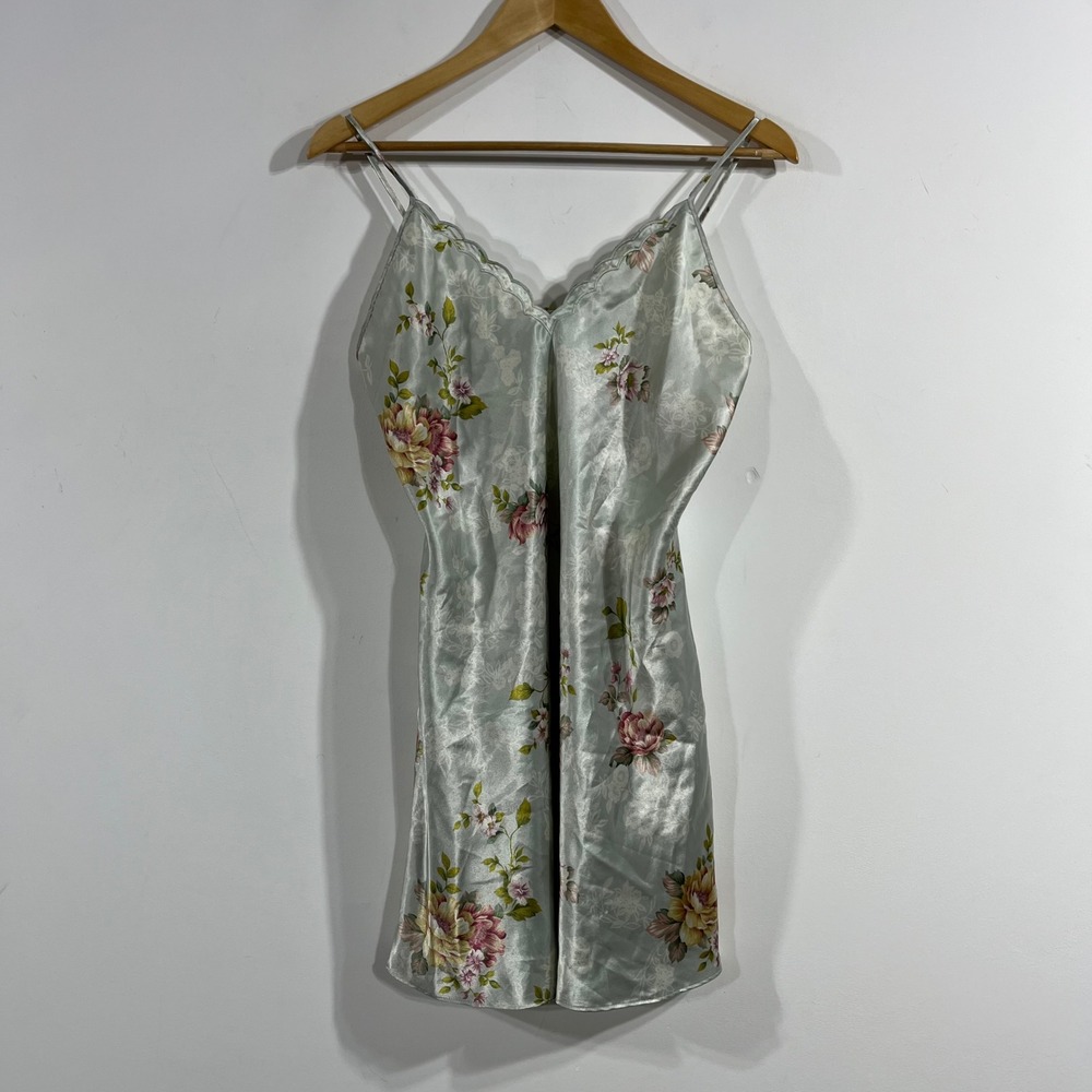 Val Mode Y2K Slip Dress Lingerie Sage Green Floral Satin Chemise VTG 90s Medium